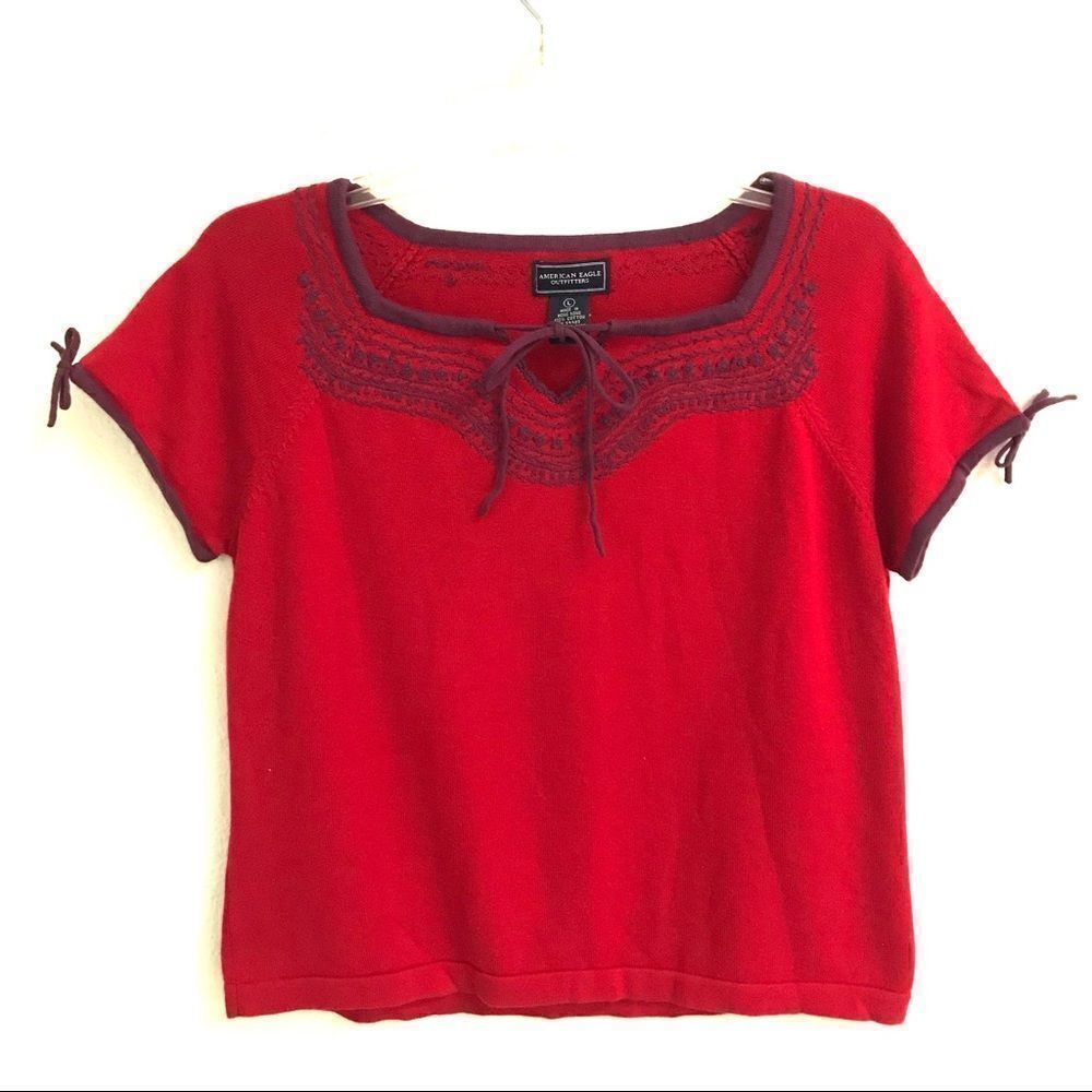 American Eagle deadstock red cropped embroidered short sleeve sweater L‎